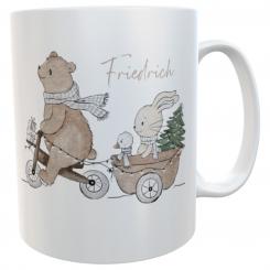 Personalisierte Kindertasse mit Namen -Wintermotiv Bär Hase Ente, niedliche Weihnachts-Tasse 