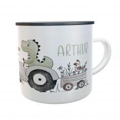 Emaille-Tasse Dino Traktor mit Namen 