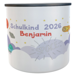 Emaille Tasse Weltall mit Namen Schulkind 2026 Schulkindbecher 