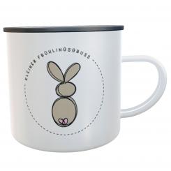 Emaille-Tasse Hase/Möhre Spruch kleiner Frühlingsgruss 