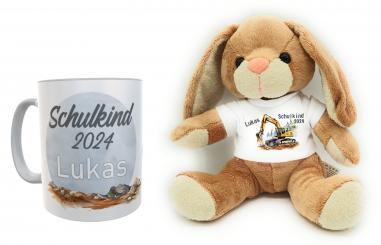 Schulanfangs-Set mit Hase und Tasse im Bagger-Design 