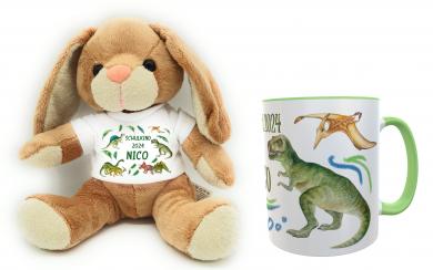 Geschenkset zur Einschulung Hase und Tasse Motiv Dino 
