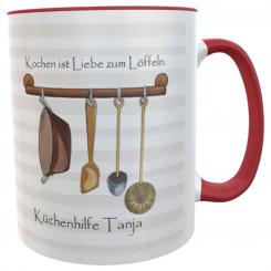 Kaffeetasse Küchenhilfe mit Namen – Rot – Kochen ist Liebe zum Löffeln – Geschenk für Köchinnen & Hobbyköche 