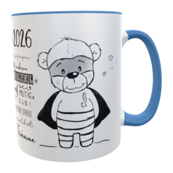 Schulkind Tasse 2026 mit Namen – Superheld Bär & Mutmach-Sprüche blau 