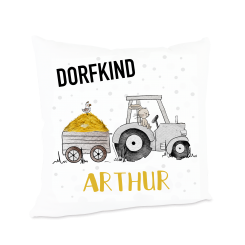 Personalisiertes Kissen Traktor-Hase Spruch Dorfkind 