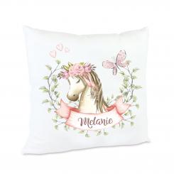 Kissen Pferdekopf-Motiv Blumenkranz mit Namen 