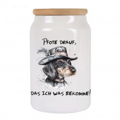 Personalisierte Leckerlidose „Pfote drauf, dass ich was bekomme!“ – mit Dackel-Motiv 