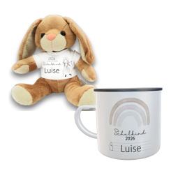 Einschulung Geschenkset für Mädchen: Personalisierte Emaille-Tasse & Plüschhase - für ABC-Schützen 
