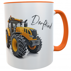 personalisierte schwarze Tasse Traktor orange Spruch Dorfkind 