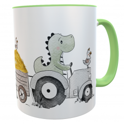 Kindertasse Dino Traktor grün Spruch so wild... mit Namen 
