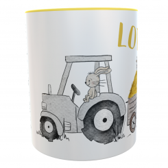 Kindertasse Traktor Hase gelb Dorfkindmomente mit Namen 