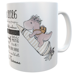 Tasse Schulkind 2026 Dino mit Mutmachsprüchen zur Einschulung Mädchen 