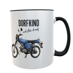 Kaffeetasse „Dorfkind und stolz drauf“ mit Simson-Motiv blau– Keramiktasse mit schwarzem Henkel 