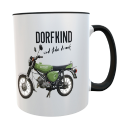 Kaffeetasse „Dorfkind und stolz drauf“ mit Simson-Motiv grün – Keramiktasse mit schwarzem Henkel 