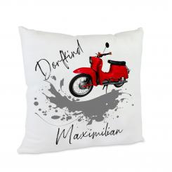 personalisiertes Dorfkind-Kissen mit roter DDR Kult-Moped Simson Schwalbe 