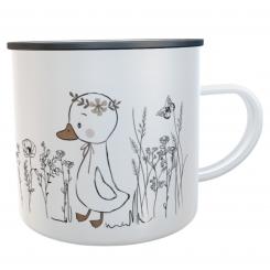 Personalisierte Emaille-Tasse mit Name – Design Ente & Blumenwiese 