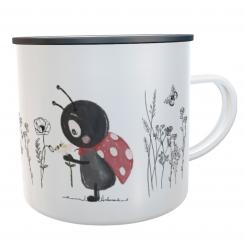 Personalisierte Emaille-Tasse mit Name – Design Blumenwiese & Marienkäfer 