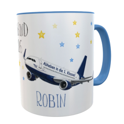 Personalisierte Schulkindtasse Flugzeug Blau mit Wunschname – Schulkind 2026 Pilot Pilotin 
