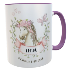 Tasse Pferdekopf lila mit Namen Schulkind 2026 