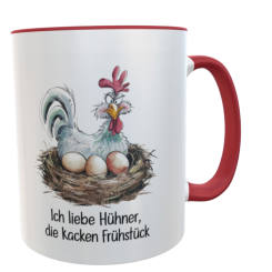 Hühner Tasse 330 ml – Spülmaschinenfeste Kaffeetasse mit Spruch Frühstück Humor Becher mit rotem Henkel 