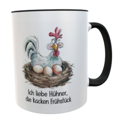 Hühner Tasse 330 ml – Lustiger Spruch Becher Frühstück Humor Kaffeetasse spülmaschinenfest mit schwarzem Henkel 