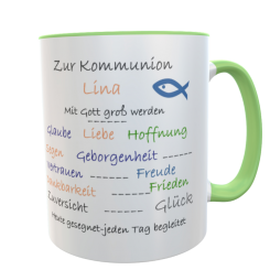 Tasse zur Kommunion personalisierbar mit Namen – Becher mit christlichen Werten, Glaube Liebe Hoffnung – grün 