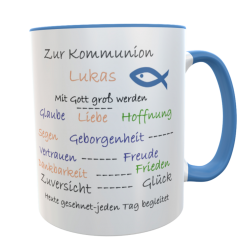Tasse zur Kommunion mit Name – personalisierbarer 330 ml Becher mit christlichen Worten 