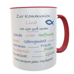 Tasse zur Kommunion personalisiert mit Name – 330 ml Keramikbecher mit christlichen Werten 