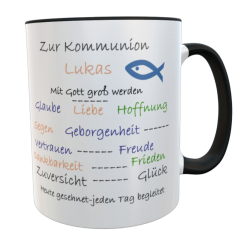 Tasse zur Kommunion mit Name – personalisierter Keramikbecher mit christlichen Worten – schwarz 