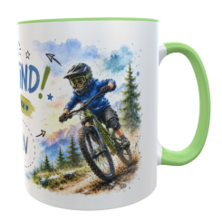Personalisierte Einschulungstasse Mountainbike – Endlich Schulkind 2026 mit Wunschname 330 ml Keramiktasse für Jungen 