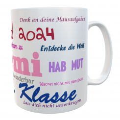 Namens-Tasse Schulkind Sonne rot mit MutMach-Sprüchen 