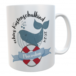 maritime Schulkind-Tasse Wal mit Namen zur Einschulung 