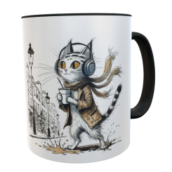Kaffeetasse mit cooler Katze im Mantel & Kopfhörer – Streetstyle-Design 