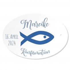Personalisiertes Namenschild zur Konfirmation Fisch blau 