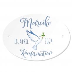 Personalisiertes Namenschild zur Konfirmation Taube blau 