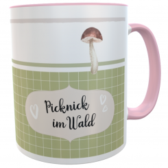 Tasse Rosa Glückspilz mit Karo Grün/Weiß Spruch Picknick im Wald 