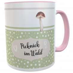 Tasse Rosa Glückspilz mit Tupfen Grün/Weiß Spruch Picknick im Wald 