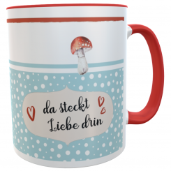 Tasse Rot Glückspilz mit Tupfen Blau/Weiß Spruch da steckt Liebe drin 