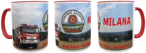 Kaffeetasse Feuerwehrauto mit Namen Almena 