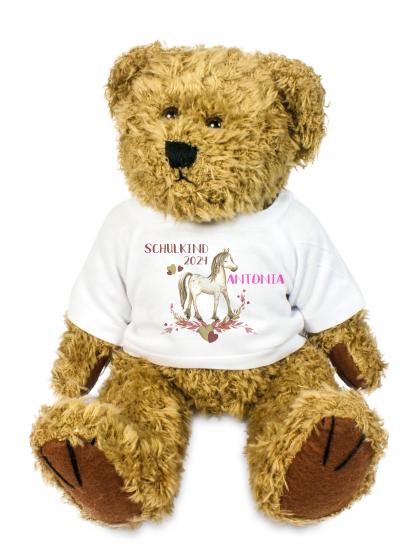 personalisierter Bär mit Pferde-Shirt Kuscheltier für die Zuckertüte Schultüte mit Wunschname zur Einschulung Glücksbringer 