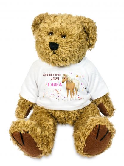 personalisierter Bär mit Pferde-Shirt beige Kuscheltier für die Zuckertüte Schultüte mit Wunschname zur Einschulung Glücksbringer 