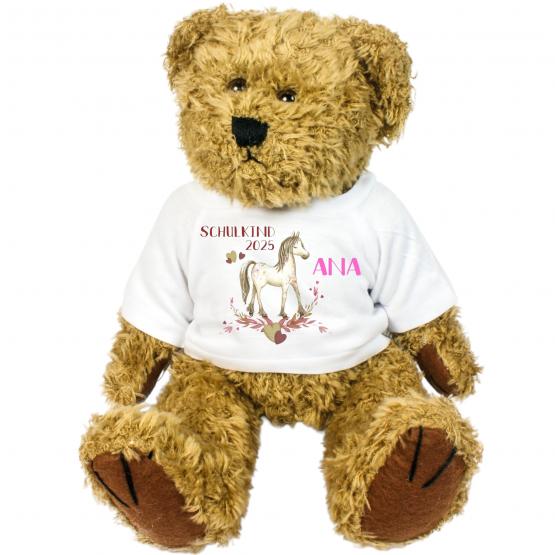personalisierter Bär mit Pferde-Shirt Kuscheltier für die Zuckertüte Schultüte mit Wunschname zur Einschulung Glücksbringer 