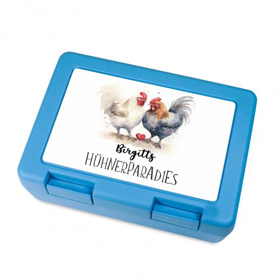 Brotdose Hühner-Paradies 2 mit Herz blau mit Wunschname 