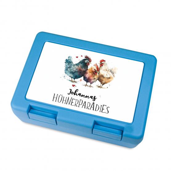 Brotdose Hühner-Paradies 3 blau mit Wunschname 