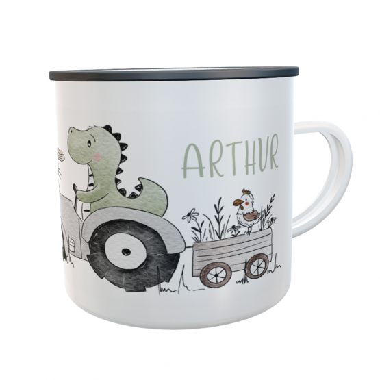 Emaille-Tasse Dino Traktor mit Namen 