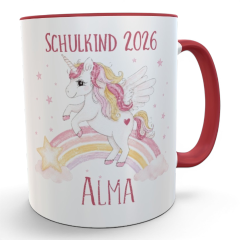 Schulkind 2026 Tasse mit Namen – Einhorn Regenbogen, 330 ml, personalisiert 