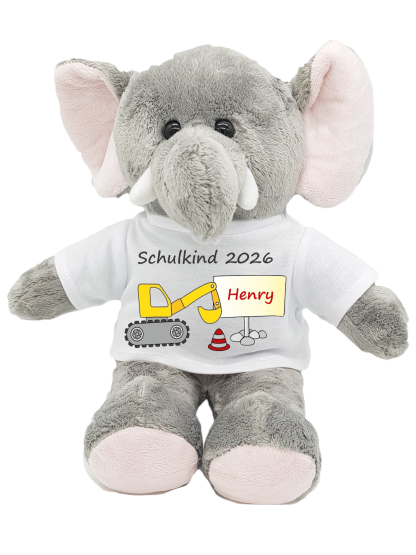 Elefant Kuscheltier zur Einschulung mit Bagger-Motiv 