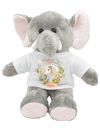 personalisierter Elefant Kuscheltier mit Pferdekopf-Motiv für die Einschulung 