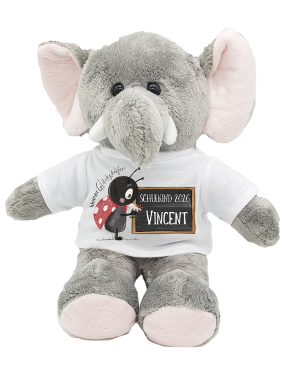 Personalisierter Elefant zur Einschulung – Kuscheltier Motiv Glückskäfer mit Name & Jahr Schulkind 2025 