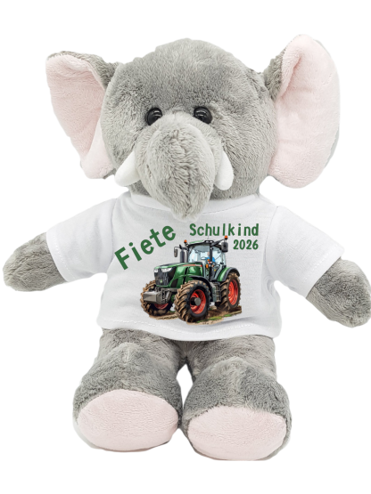 personalisierter Elefant Kuscheltier Traktor dunkelgrün für die Zuckertüte 
